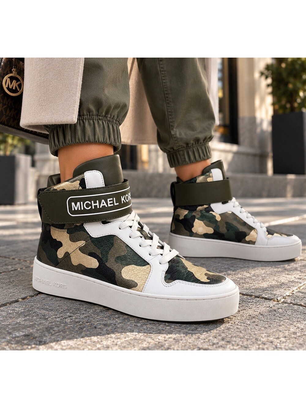 Michael Kors Trent High Top Women 7.5 Olive Camo Metallic Leather 43S9TNFE5M NIB